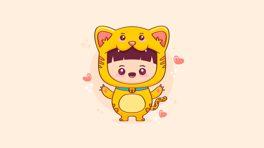 Cute yellow cat character with pink inner ears wearing a blue collar, surrounded by floating pink hearts and sparkles on a wa