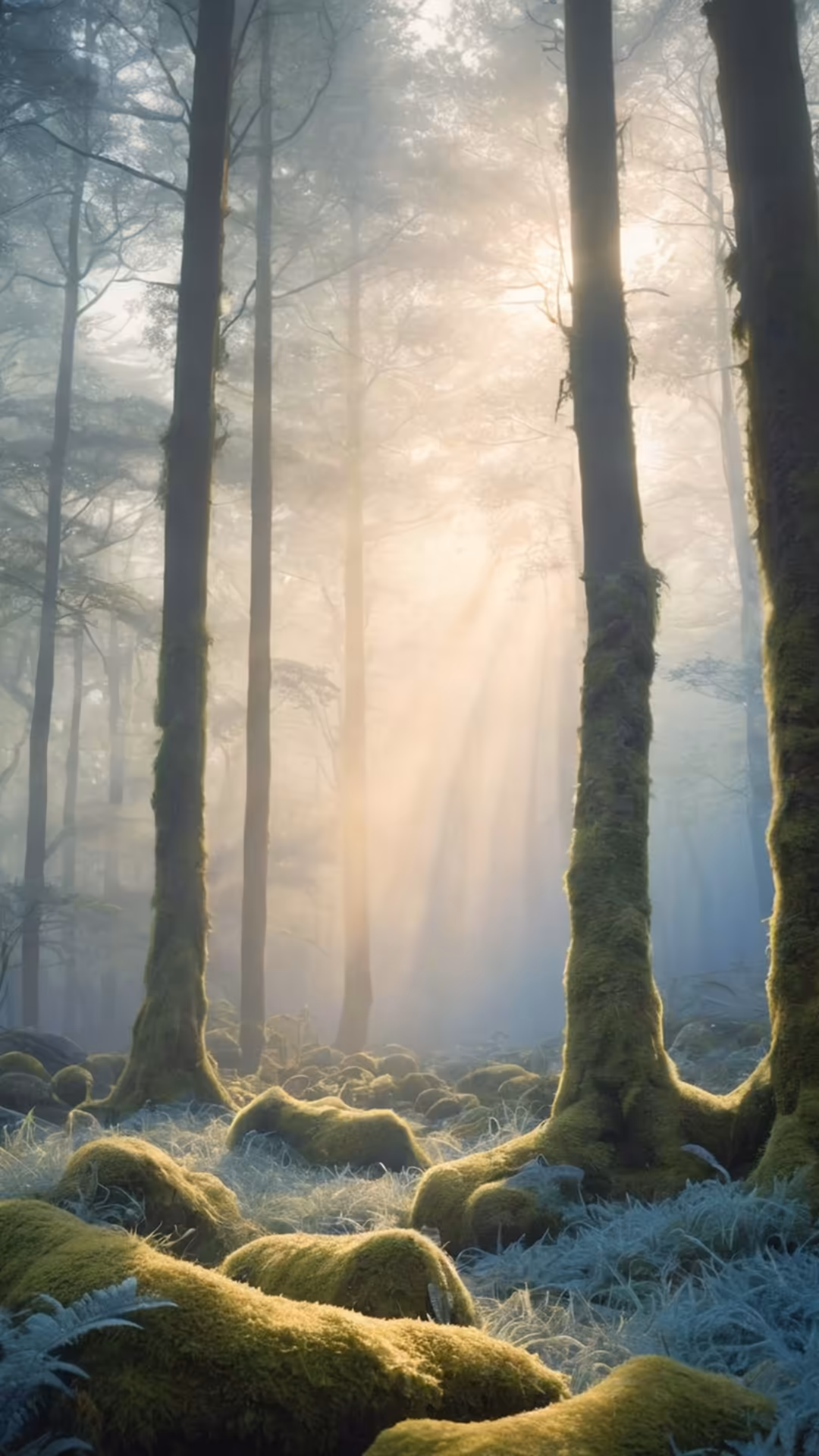Serene misty forest with towering trees covered in luminous green moss, ethereal golden sunlight filtering through dense fog