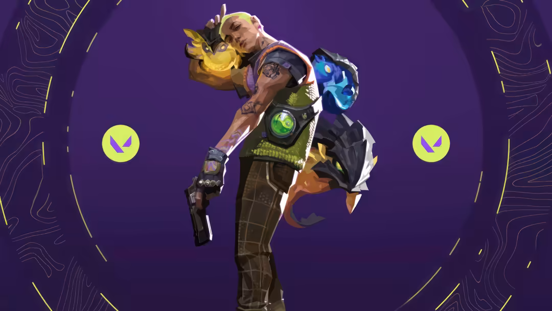 Gekko from Valorant game character with yellow creature companion on purple background with geometric patterns