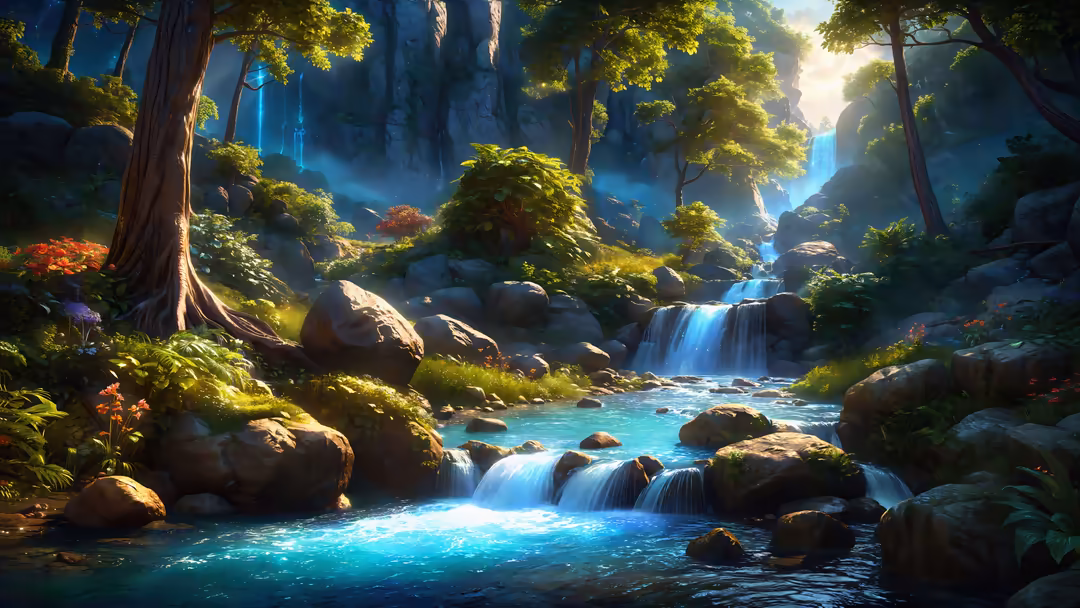Enchanted forest with cascading waterfalls flowing into turquoise pools, surrounded by towering trees with golden sunlight fi