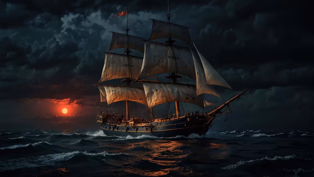 Majestic sailing ship with billowing canvas silhouetted against a dramatic orange sunset and stormy dark clouds over turbulen