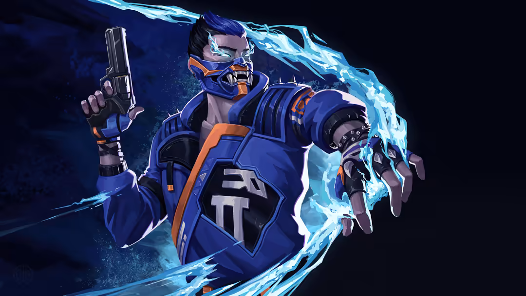 Futuristic warrior character in blue and orange armor wielding a pistol with glowing cyan electric energy effects on dark bac