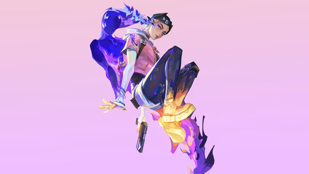 Clove Valorant character in dynamic pose with purple energy effects and tactical gear against pink background