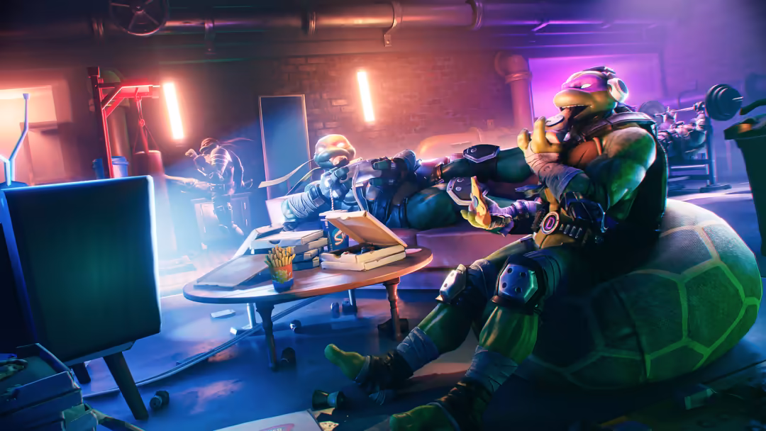 Neon-lit gaming room with armored characters at desks, glowing purple and blue lights, futuristic cyberpunk aesthetic with ta