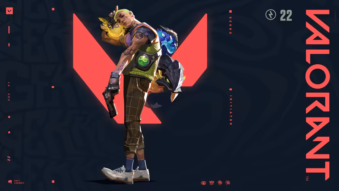 Valorant agent Gekko with yellow energy and dark tactical gear standing against a dark background with red geometric shapes a