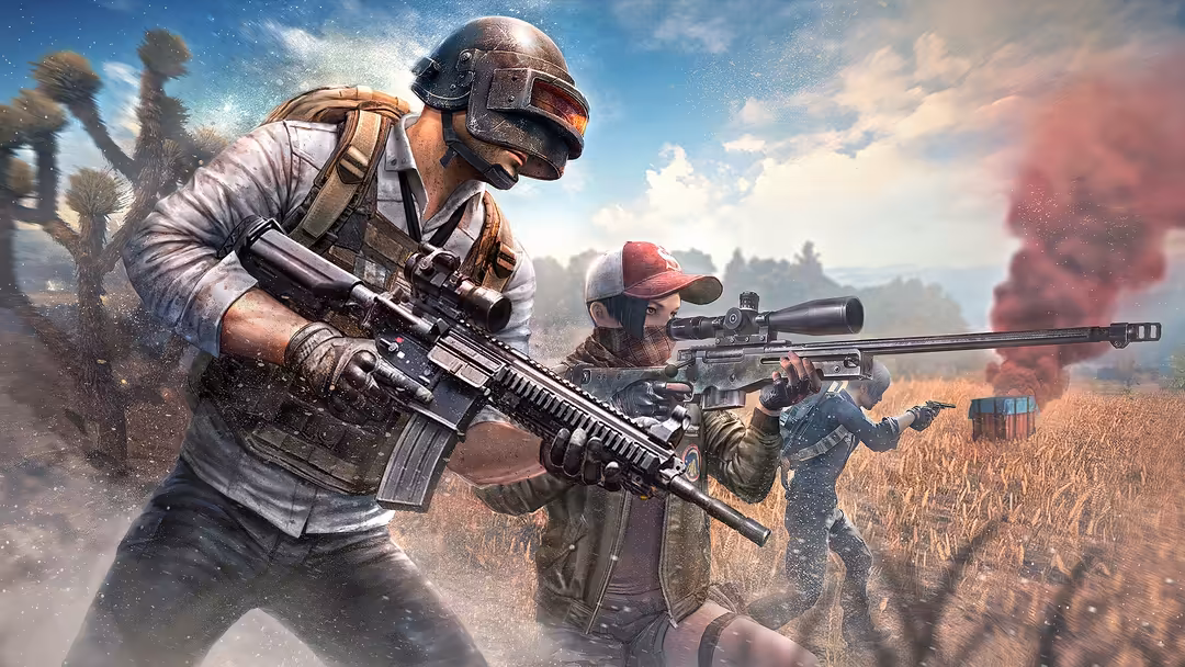 Armed soldiers in tactical gear engaged in combat across a desert landscape with smoke and explosions, featuring assault rifl