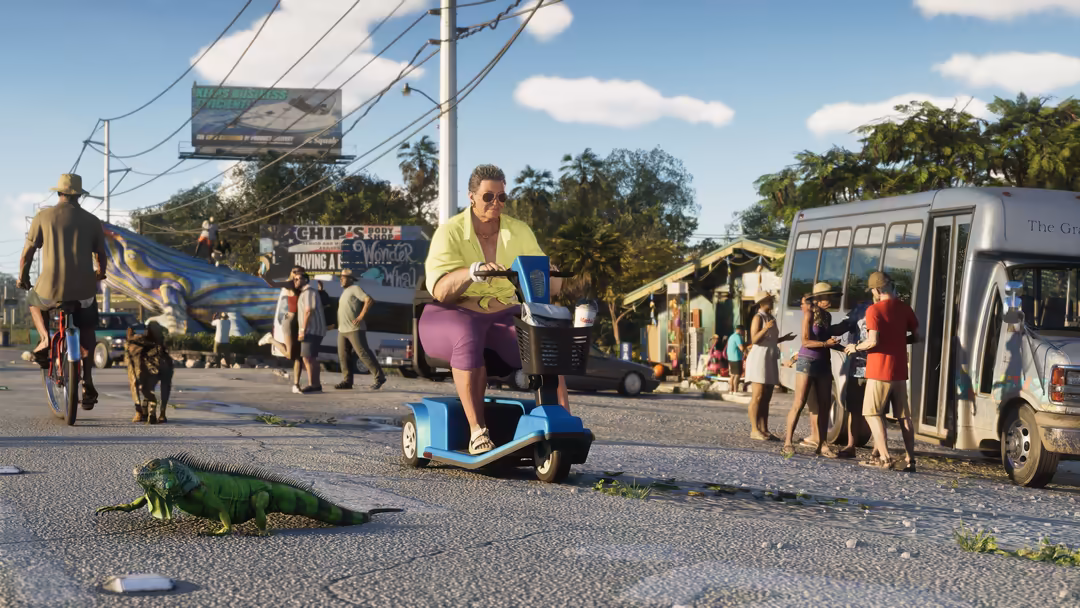 Vibrant tropical street scene with diverse characters, an iguana on pavement, person on blue scooter, palm trees, buildings,