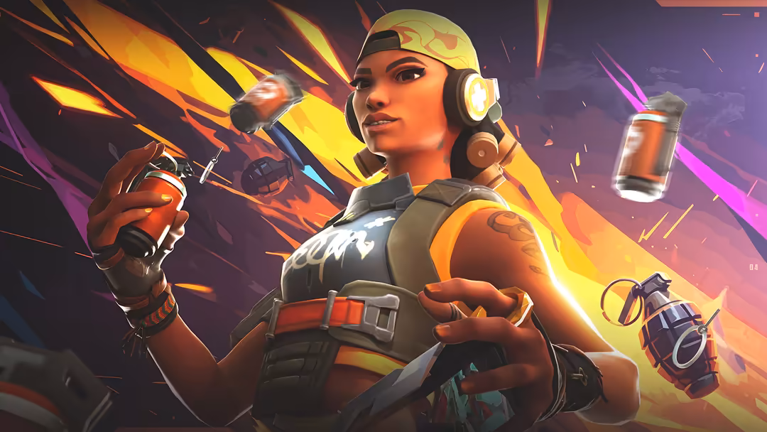 Raze from Valorant in tactical gear with headphones, holding explosive weapons against a vibrant yellow and purple dynamic ba