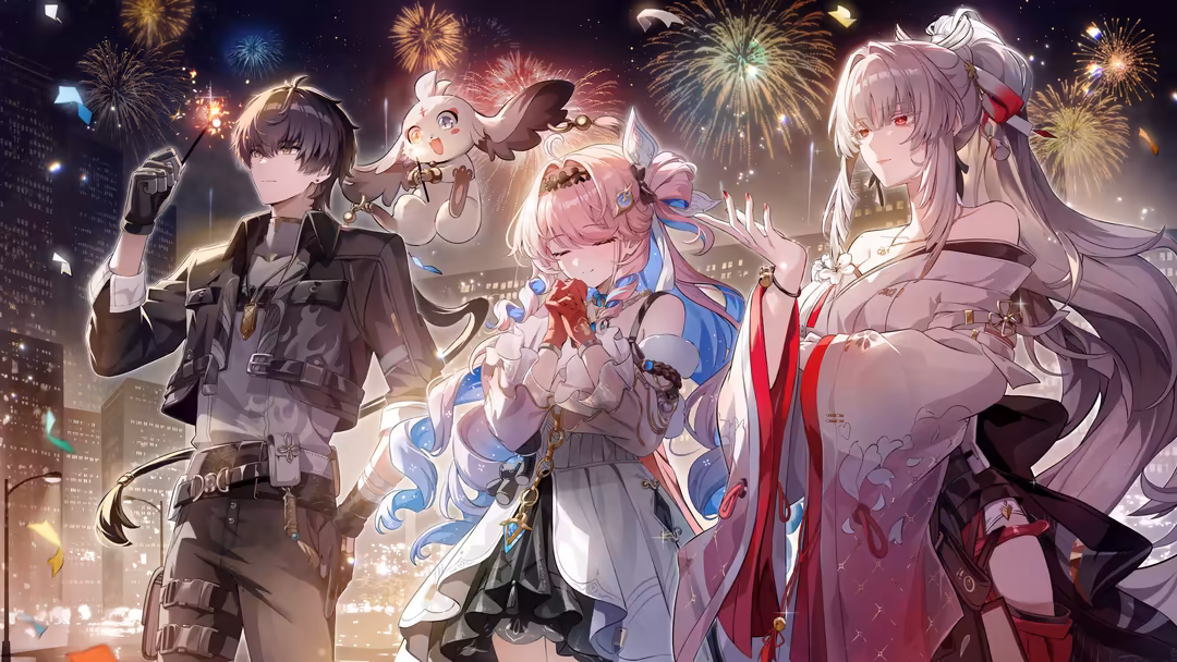 Anime characters celebrating with fireworks bursting over a neon-lit cityscape at night, featuring elegant character designs