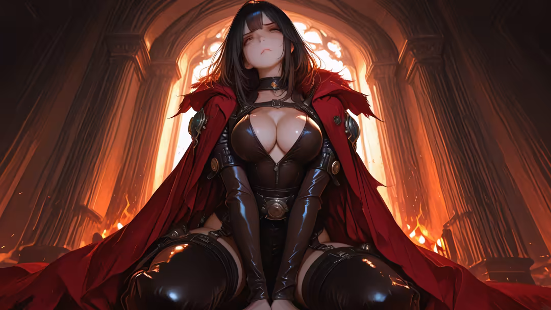 Anime warrior woman in black armor and flowing red cape standing in ornate stone corridor with dramatic orange lighting