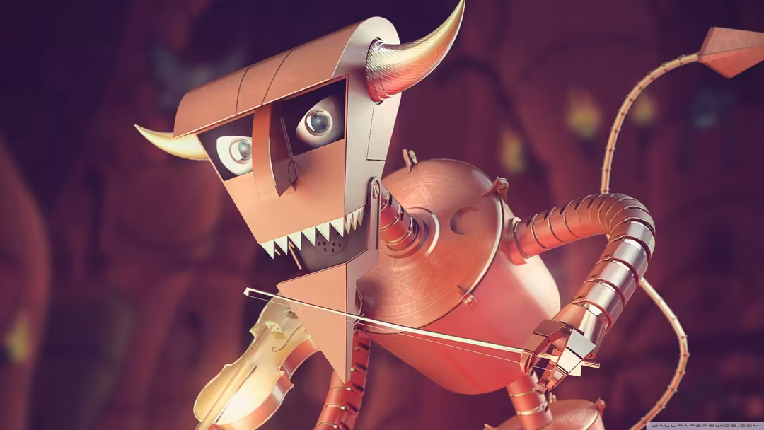 Steampunk mechanical bull with golden horns and copper metallic body, fierce expression with glowing eyes, industrial sci-fi