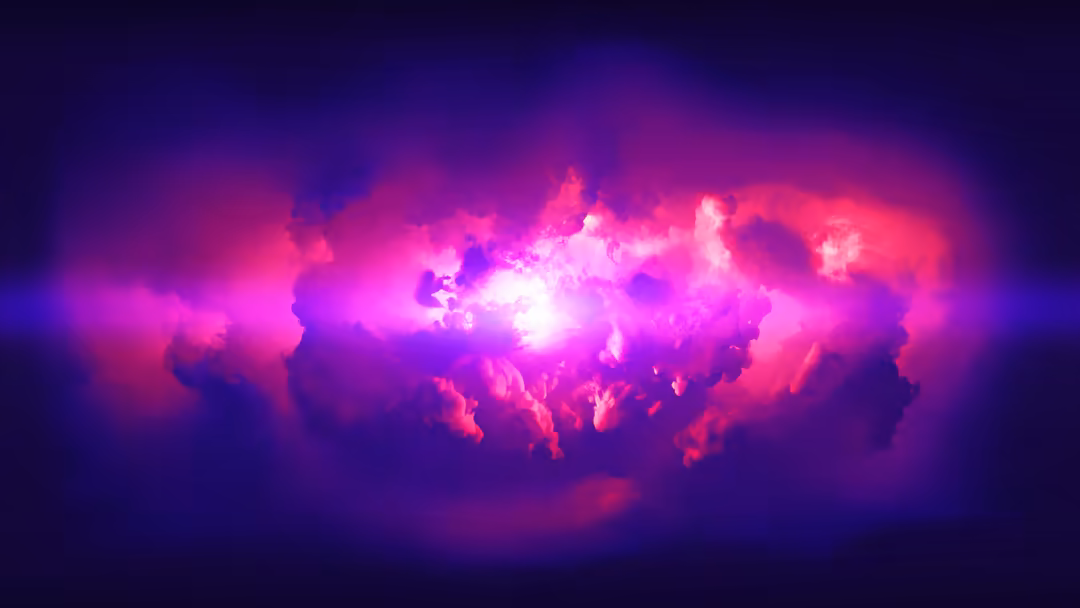 Vibrant pink and magenta clouds with bright glowing light centers against a dark purple night sky, creating a moody atmospher