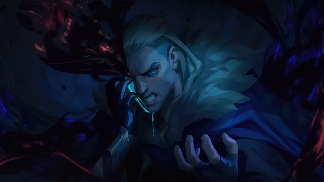 Sova from Valorant with glowing blue tactical gear and piercing gaze in dark atmospheric lighting