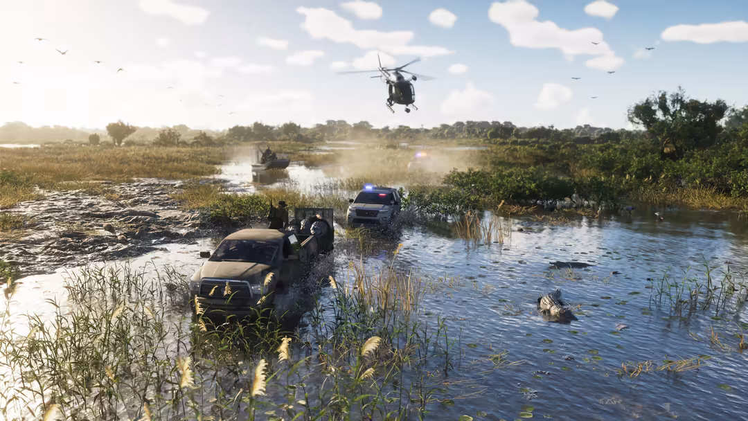 Intense swamp rescue scene with military helicopter hovering above armed personnel in vehicles navigating flooded terrain wit