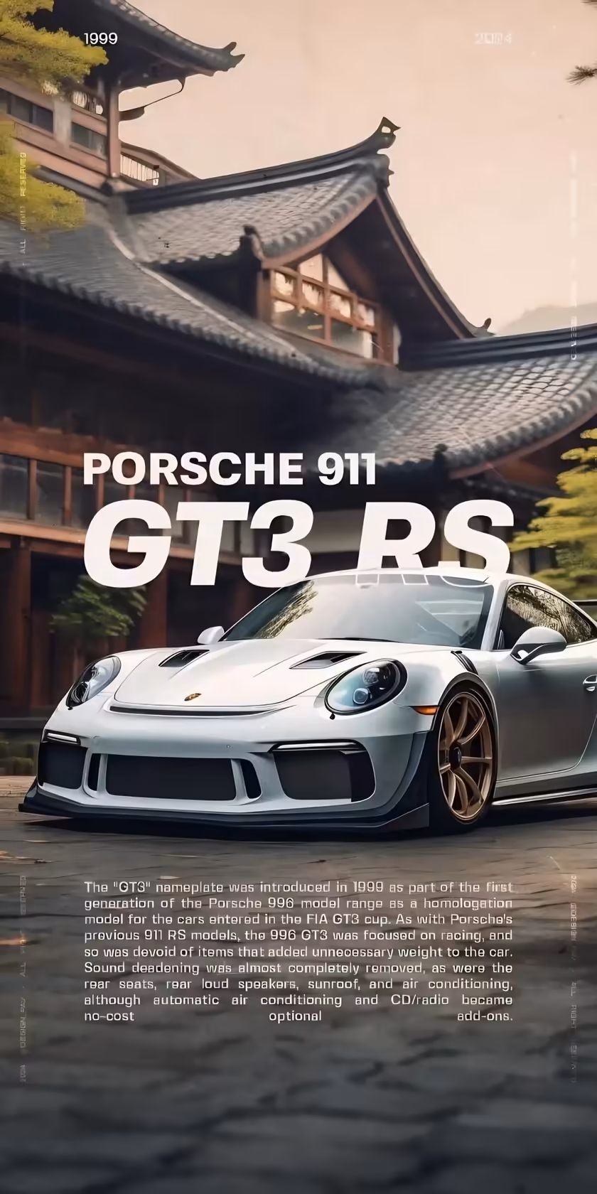 White Porsche 911 GT3 RS sports car parked in front of traditional Asian architecture with curved roofs