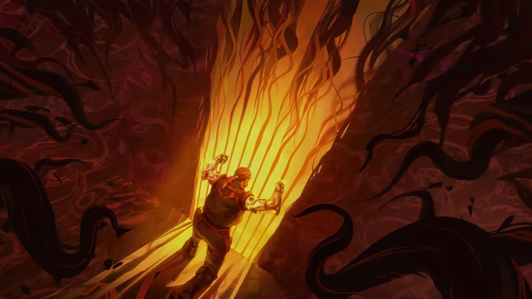 Glowing digital illustration of Breach character surrounded by swirling energy tendrils and radiant yellow light rays emanati