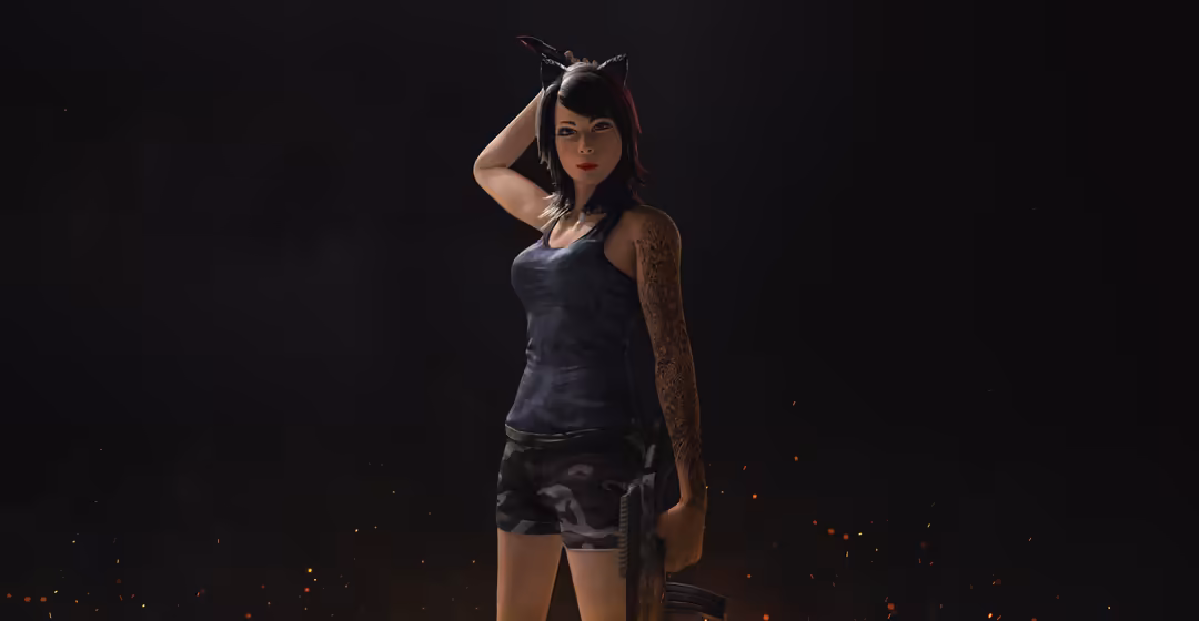 Female PUBG character in tactical gear standing against dark background with orange particle effects and cat ear accessories