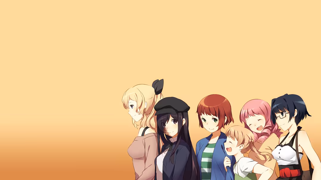 Anime-style illustration of six diverse female characters standing together against a warm peach gradient background, represe