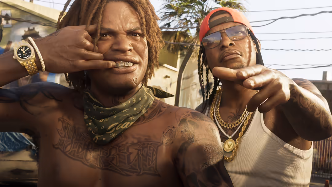 Two stylish characters in urban setting wearing gold chains, tattoos, and sunglasses with confident poses and street fashion
