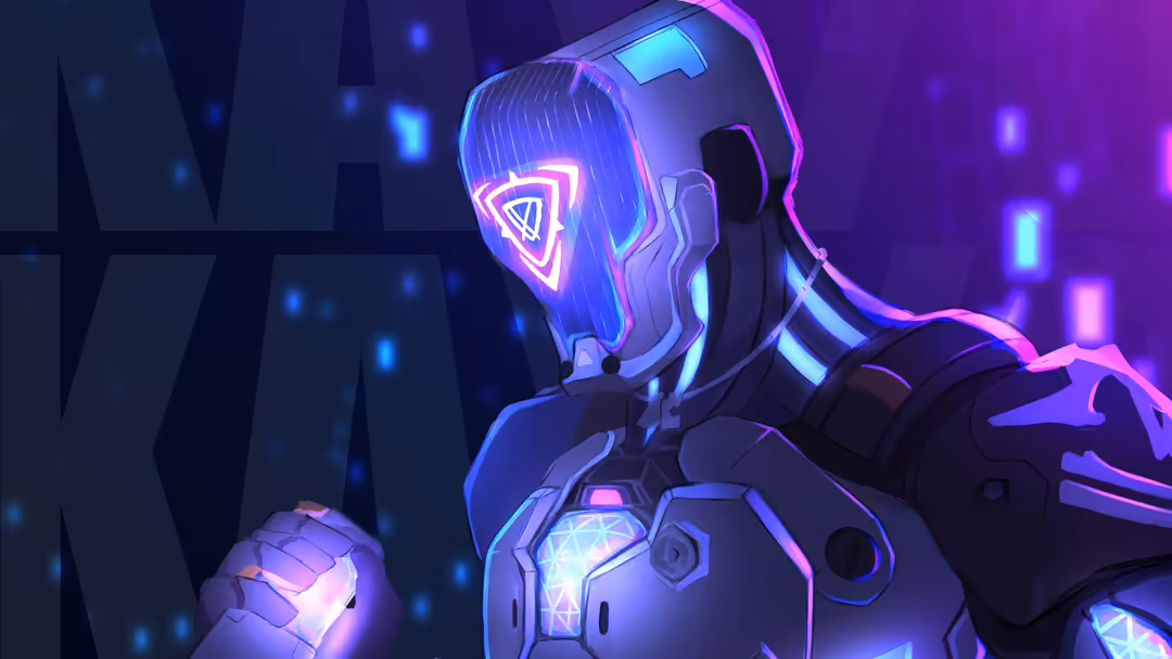 Neon glowing cyberpunk character with triangular head design, purple and blue lighting, futuristic armor and glowing core ele