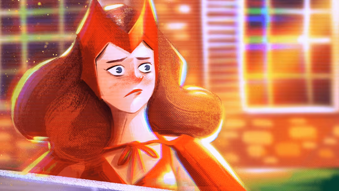 Animated character with vibrant red hair and pointed ears, wearing red outfit, with glowing neon cityscape background, styliz