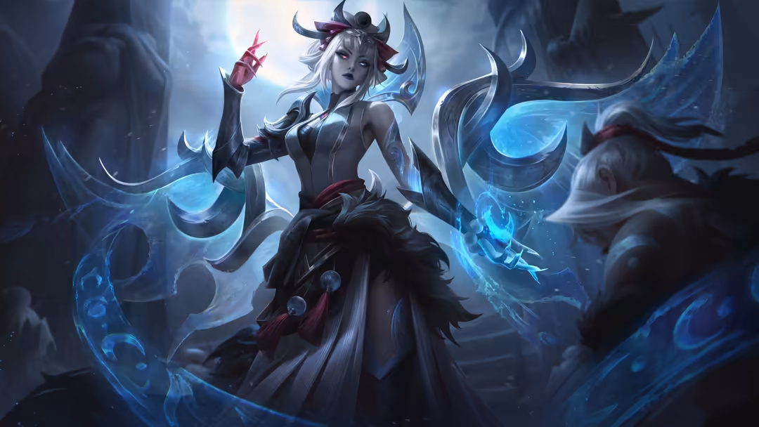 Ethereal fantasy character with white hair and horns wielding magical blue energy and glowing staff in mystical dark realm