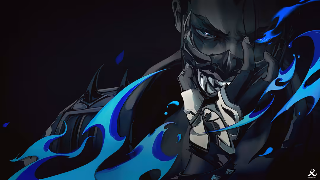 Armored figure with sharp features and intense expression surrounded by flowing cyan and deep blue energy against a black…