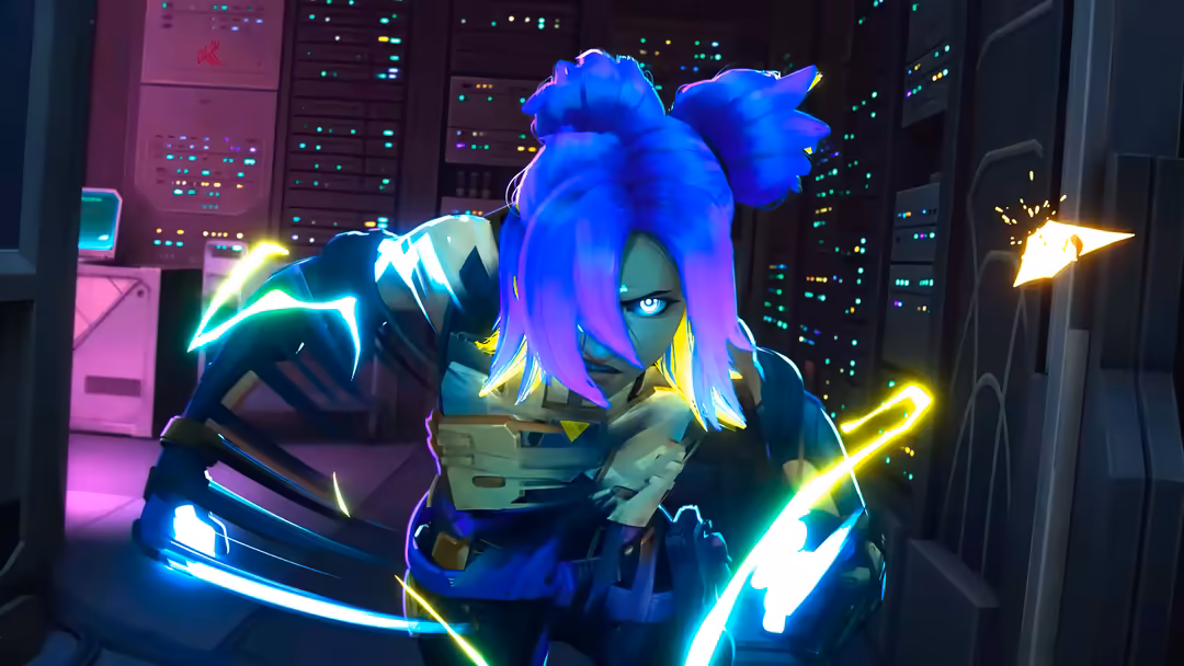 Futuristic cyberpunk character with vibrant blue hair wielding neon glowing weapons in a dark tech facility with pink and cya