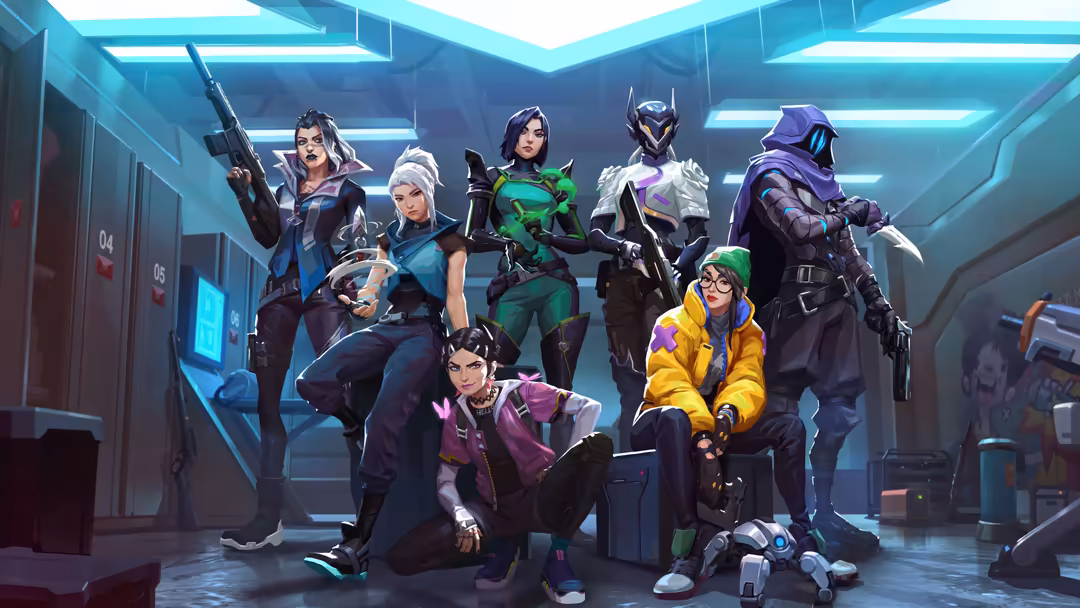 Group of tactical gaming agents in futuristic cyber suits posing in a neon-lit facility with advanced technology and equipmen