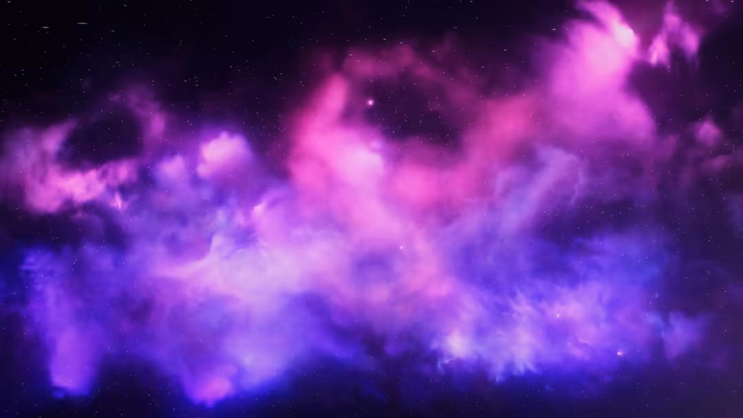 Vibrant purple and magenta nebula clouds swirling through deep space with scattered stars twinkling across the cosmic landsca