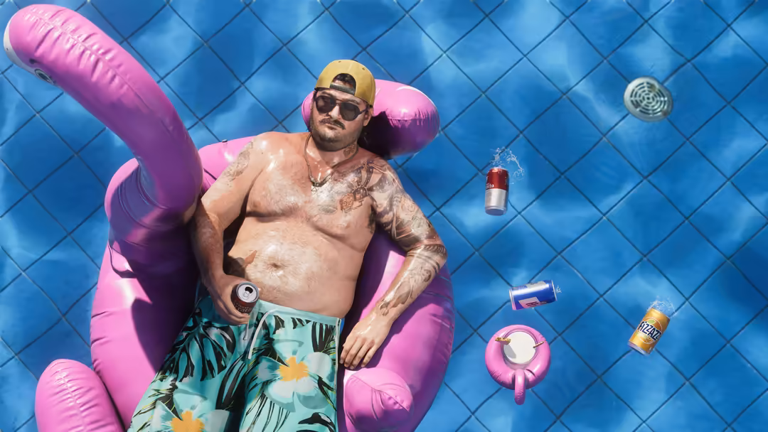 Man relaxing on pink inflatable raft in swimming pool surrounded by colorful beach items and beverages