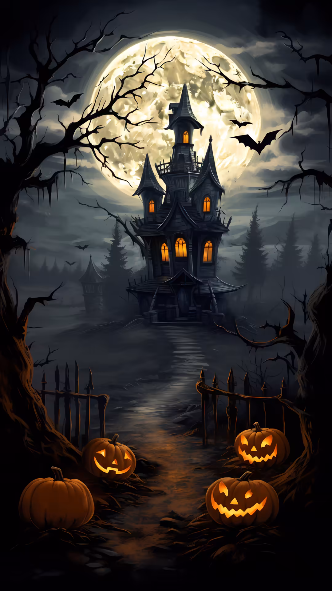 Haunted Manor Moonlit Night — vertical goth 4K wallpaper
