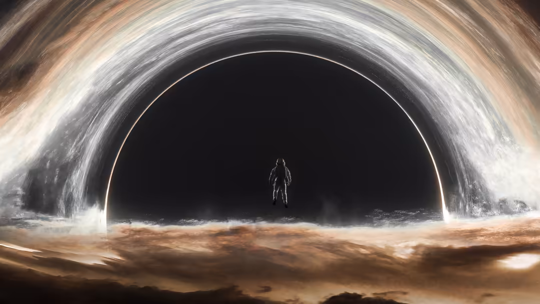 Astronaut standing before a massive black hole with swirling cosmic energy and desert landscape beneath a dramatic sky