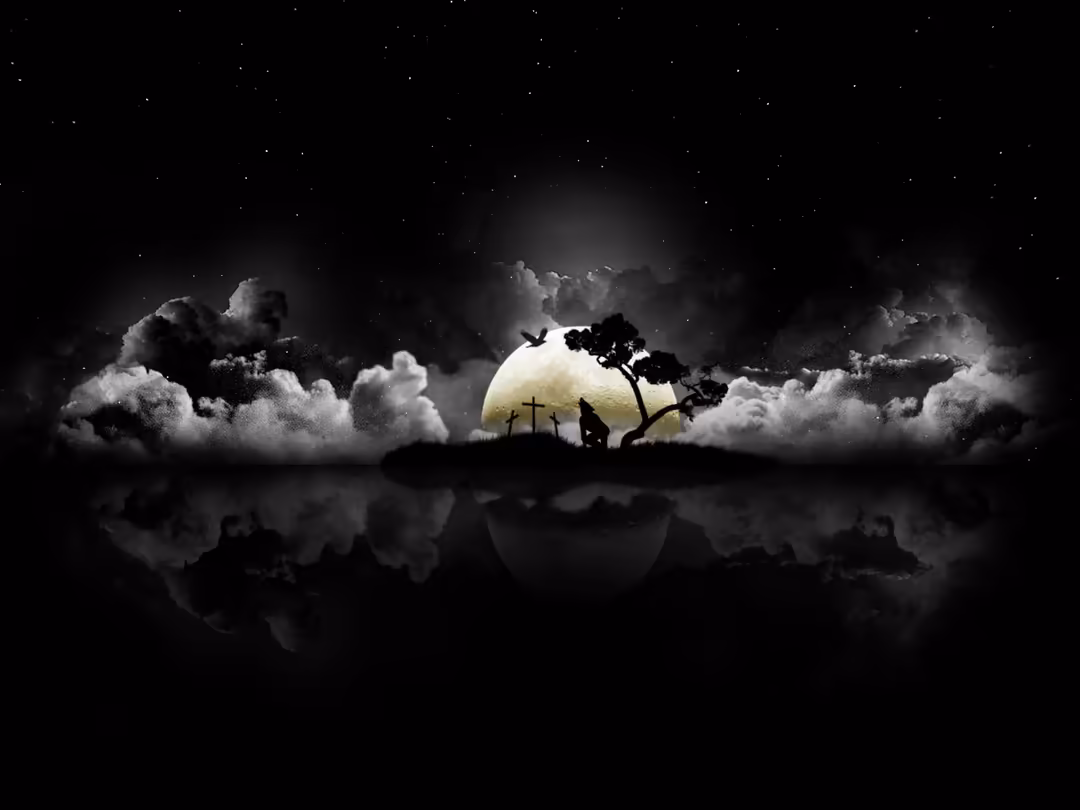 Silhouetted figure in prayer beneath a luminous moon with glowing clouds and crosses on a hillside under a starry night sky