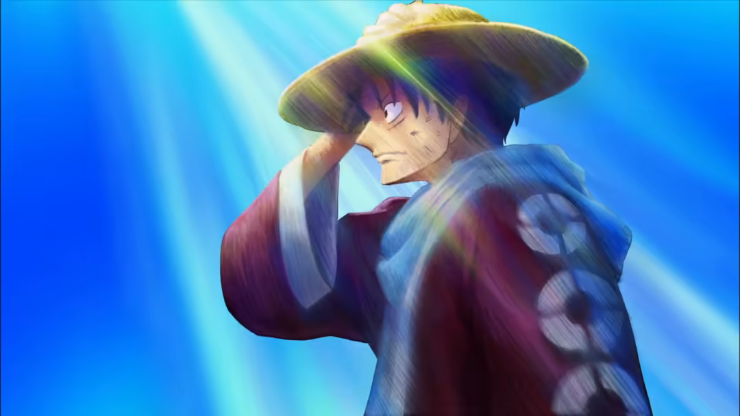 Anime character Monkey D. Luffy wearing iconic straw hat and maroon jacket, glowing blue radiant light background, contemplat