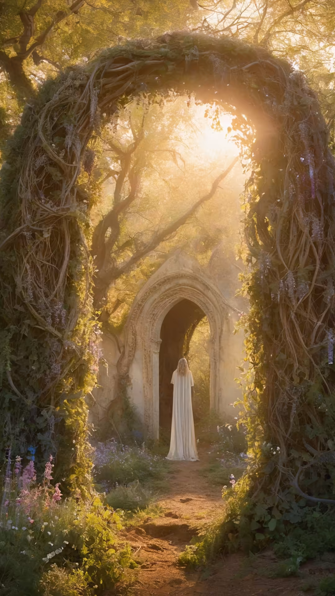 A figure in white stands before an ornate stone archway draped in ivy and vines, bathed in golden sunlight filtering through
