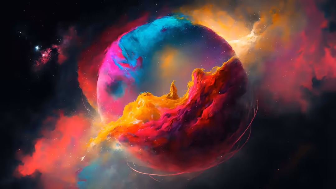 Vibrant cosmic nebula with a swirling planet featuring cyan, magenta, and golden orange gas clouds against a starry black spa