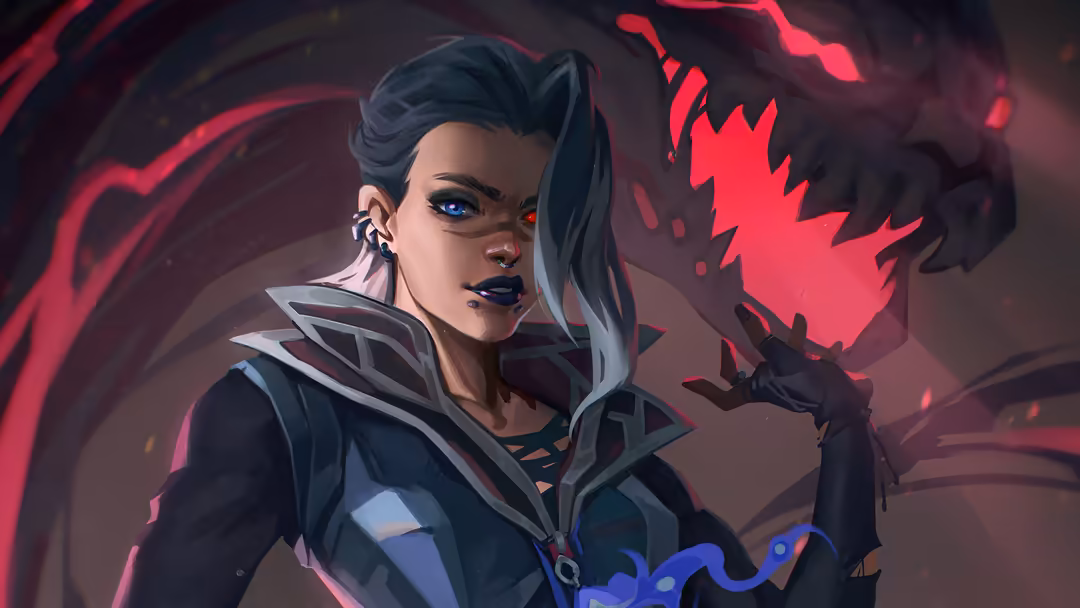 Anime-style character Fade from Valorant with dark hair, blue eyes, and neon pink energy effects in cyberpunk aesthetic