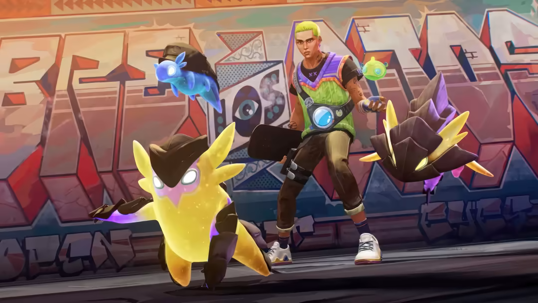 Valorant character Gekko with his glowing radianite pet creatures in a vibrant urban environment with purple and yellow neon