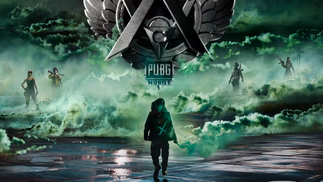 PUBG Mobile players wade through toxic green gas clouds with armed soldiers in misty apocalyptic landscape