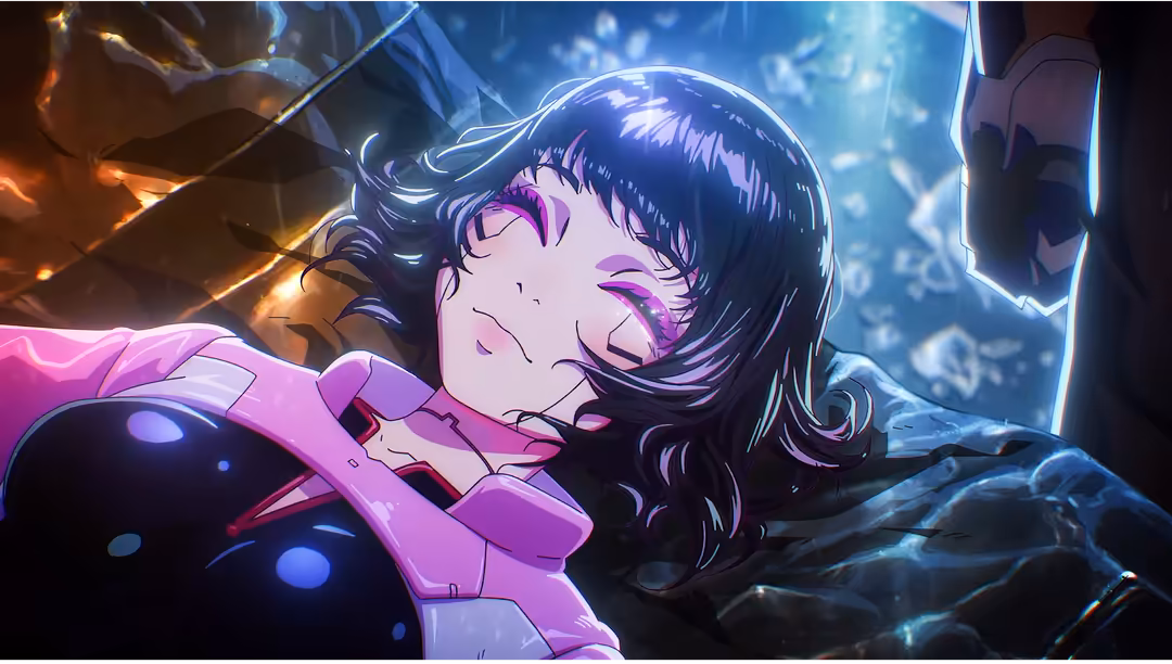 Anime girl with dark hair in pink cyberpunk suit surrounded by glowing neon lights and digital elements in futuristic setting