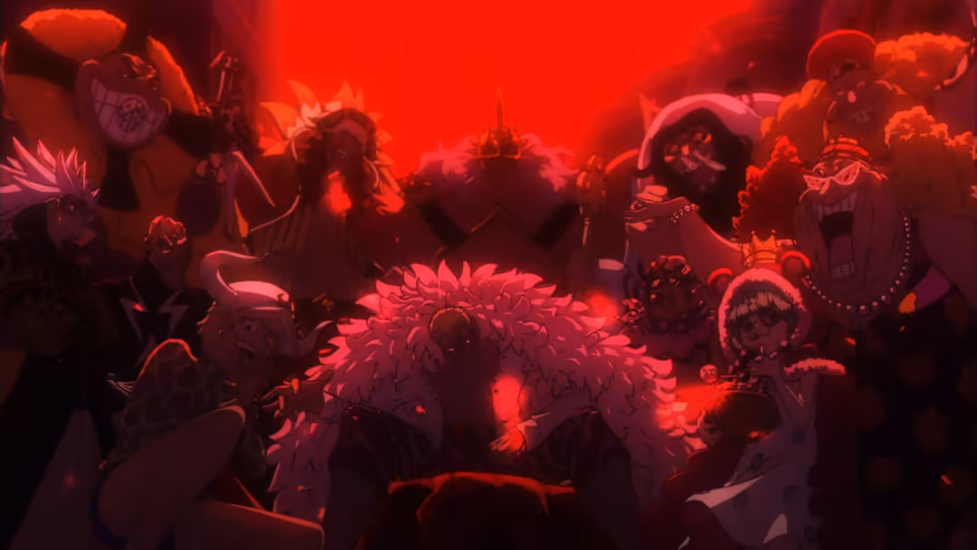 Anime character Monkey D. Luffy surrounded by intense red glow and shadowy figures in dramatic battle scene with fiery atmosp
