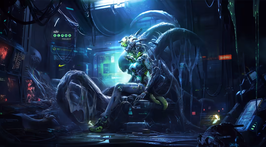 Futuristic android warrior with glowing green accents in a dark industrial cyberpunk facility surrounded by holographic displ