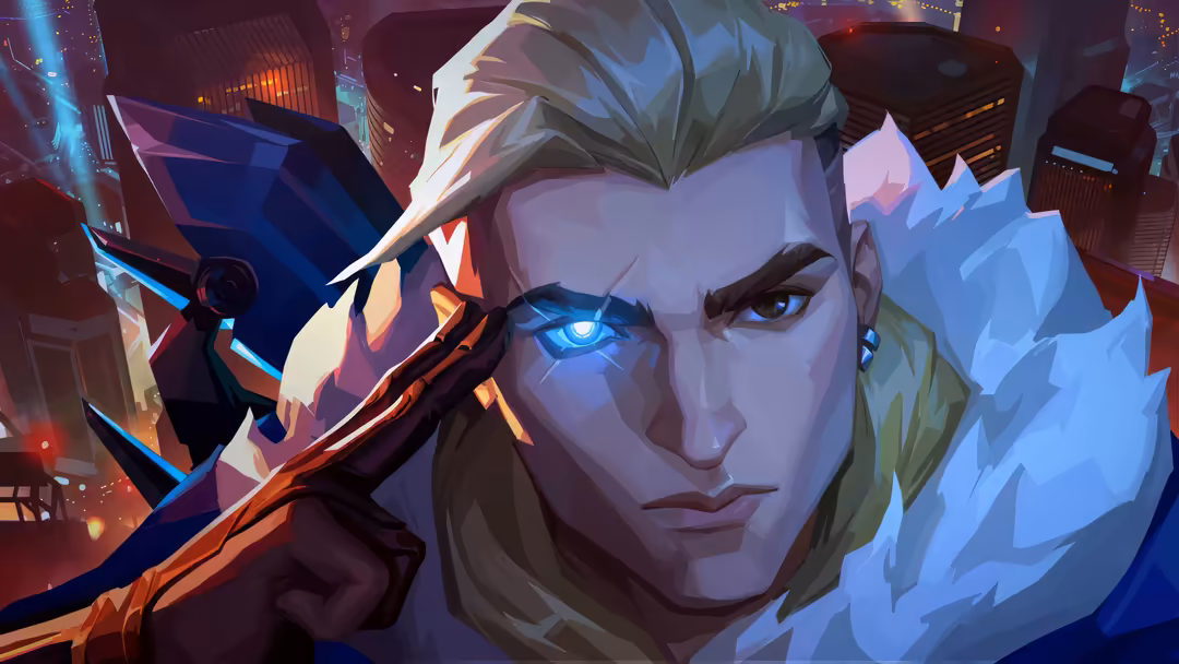 Futuristic cyberpunk portrait of Sova agent with glowing blue eyes, sleek blonde hair, and neon-lit cityscape backdrop in war