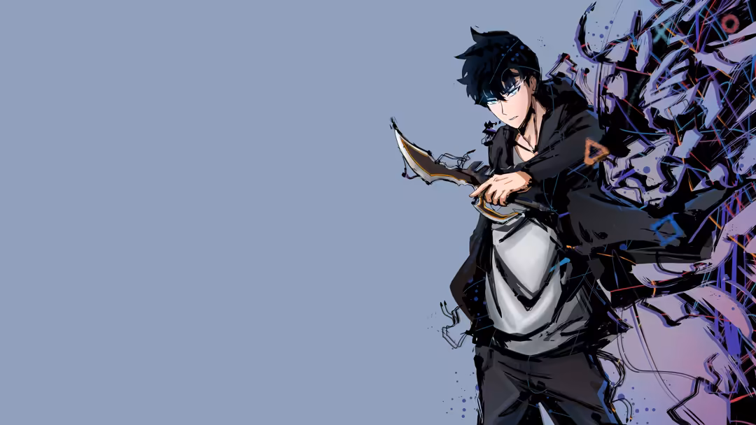 Anime character Sung Jinwoo in black outfit holding a glowing sword, surrounded by purple digital effects against a blue grad