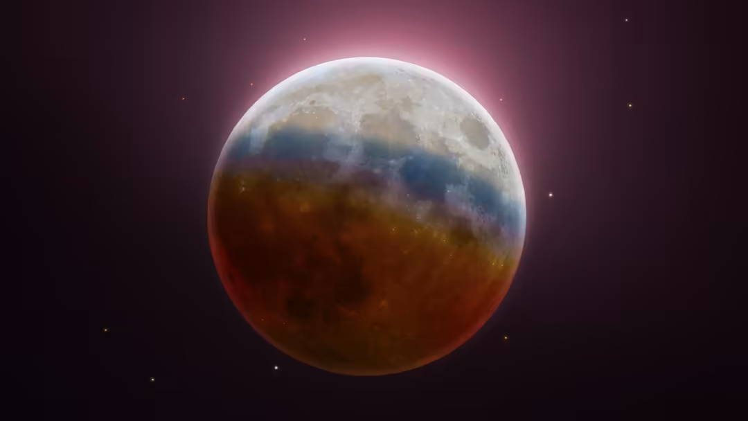Blood moon lunar eclipse with deep red and copper tones against a dark purple starry night sky background