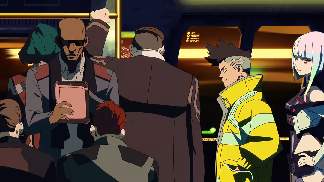 Anime characters in cyberpunk setting with neon yellow jacket and glowing lights, urban street scene with multiple figures in