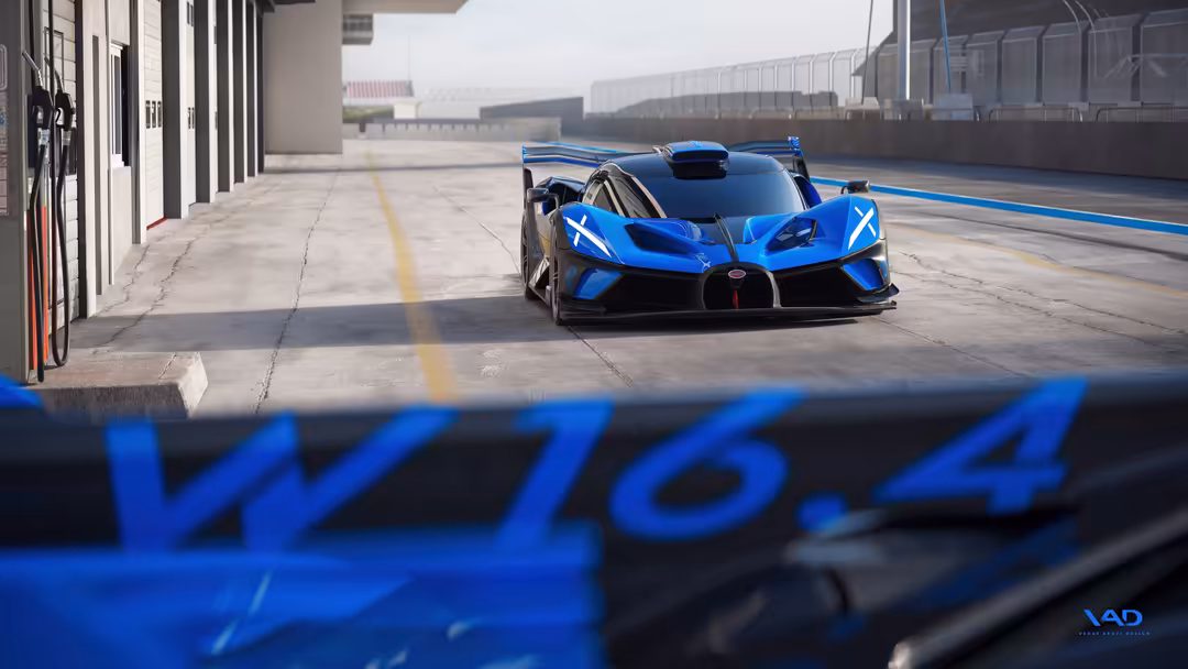 Striking blue Bugatti Bolide hypercar positioned on a race track with pit garages and barriers visible in the background