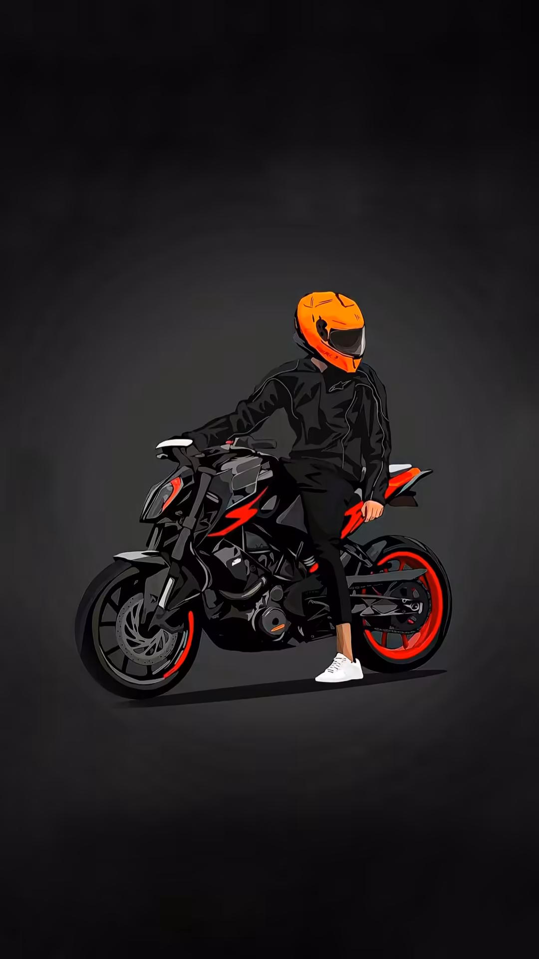 Motorcyclist in black jacket and bright orange helmet sitting on red and black sports bike against dark gray background