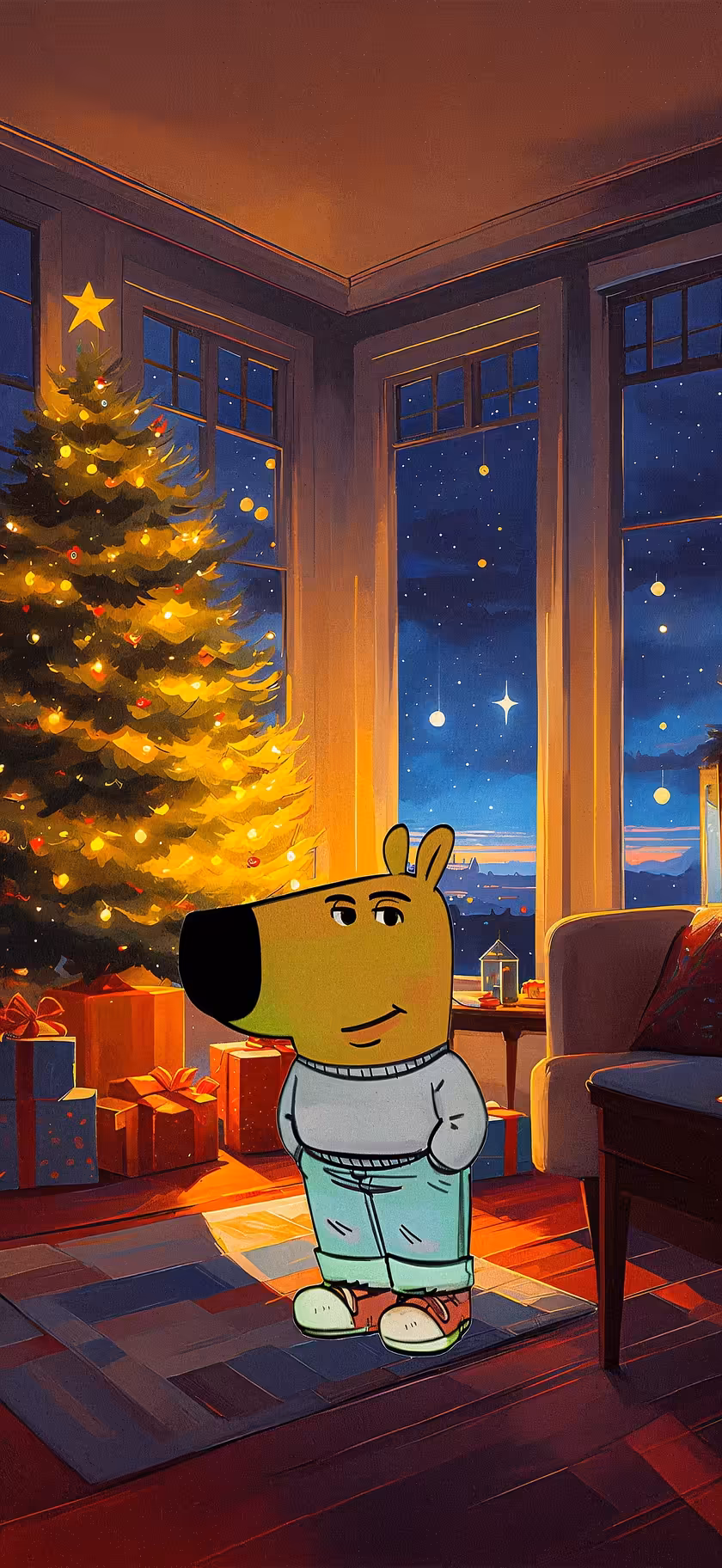 Festive Christmas Tree with Cartoon Dog – Holiday Wallpaper